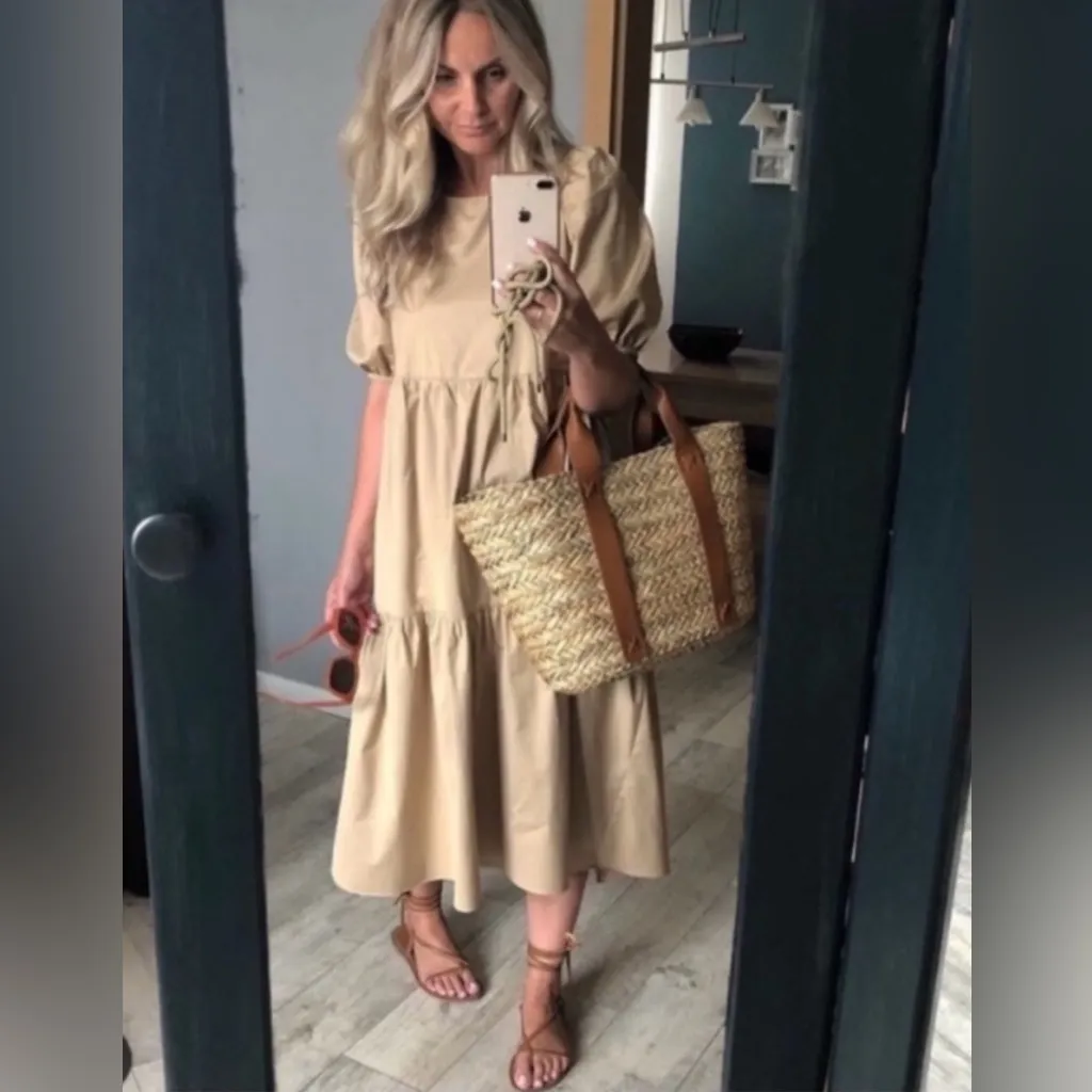 ZARA Asymmetric Puff Sleeve Tiered Cotton Poplin Midi Dress‎ in Camel Size XS - Image 8