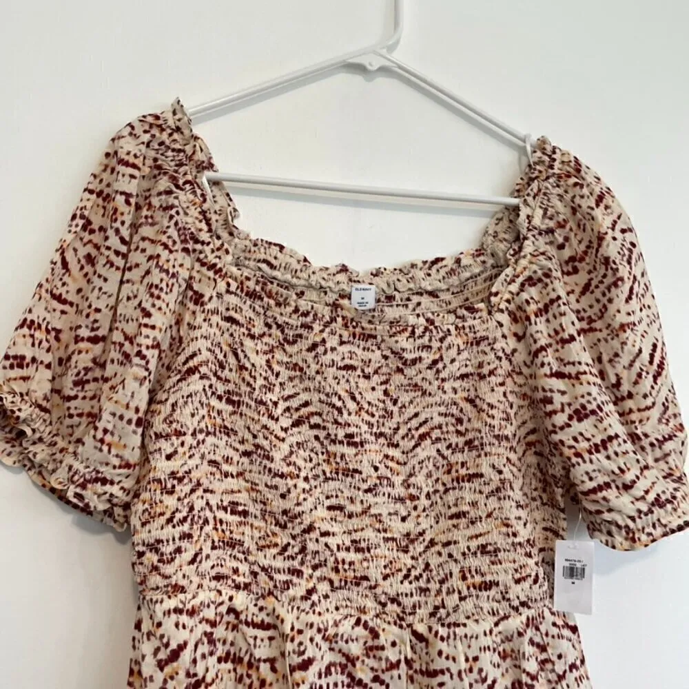 NEW NWT OLD NAVY Smocked Bodice Tie Dye Top Cream Beige Burgundy Short Sleeve M - Image 5