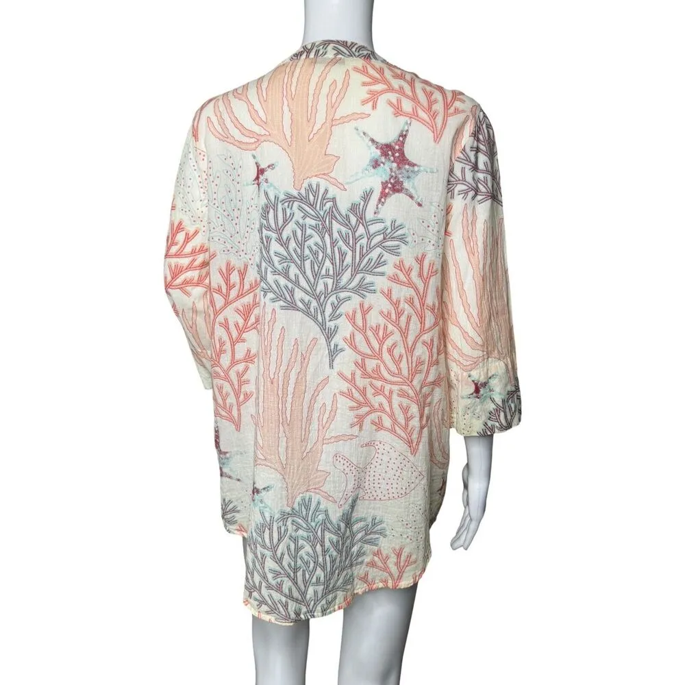 Soft Surroundings Shirt Women Small Petite Cream Multicolor Coral Reef Tunic Top - Image 4
