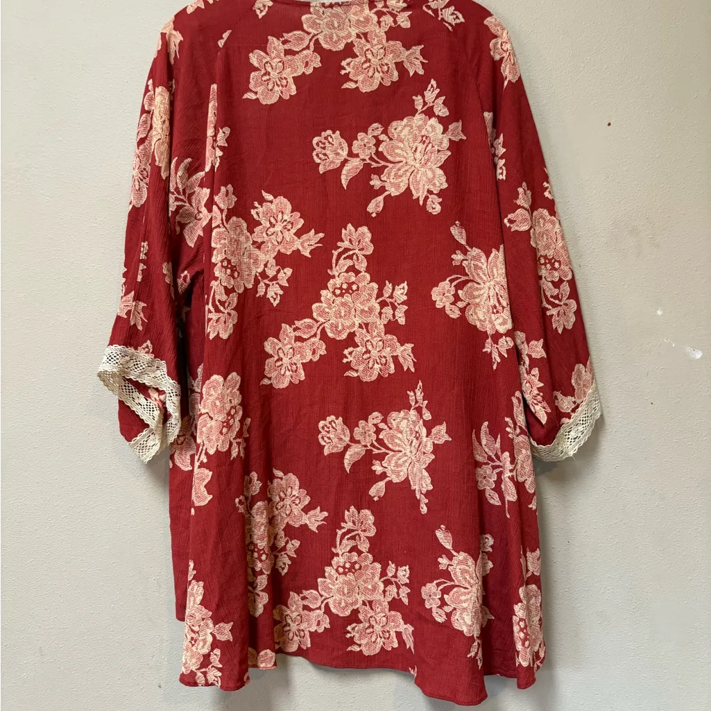 Boho Floral Kimono Cardigan Open Front Pockets Rust Red Bobeau - Image 2