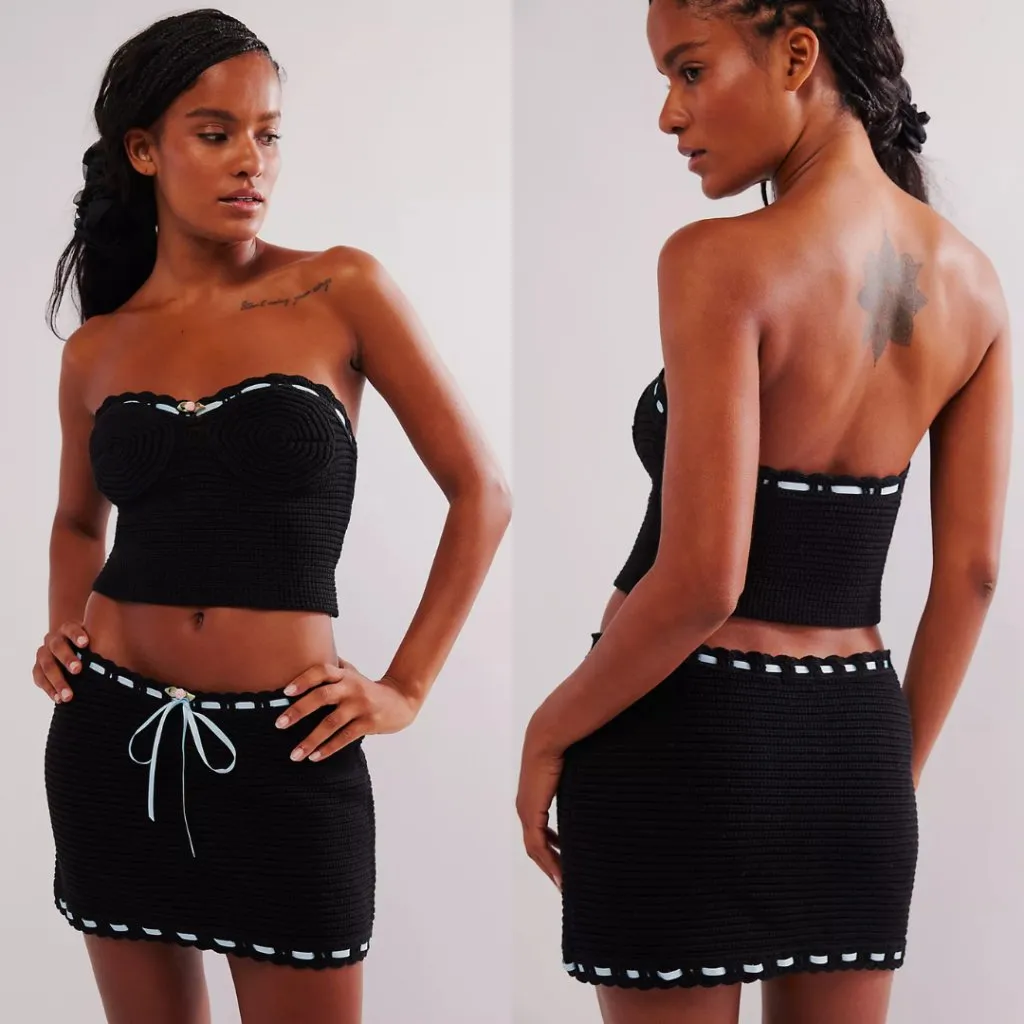 For Love & Lemons | NWT Kelsey‎ Crochet Knit Mini Skirt and Top Set in Black SML - Image 3