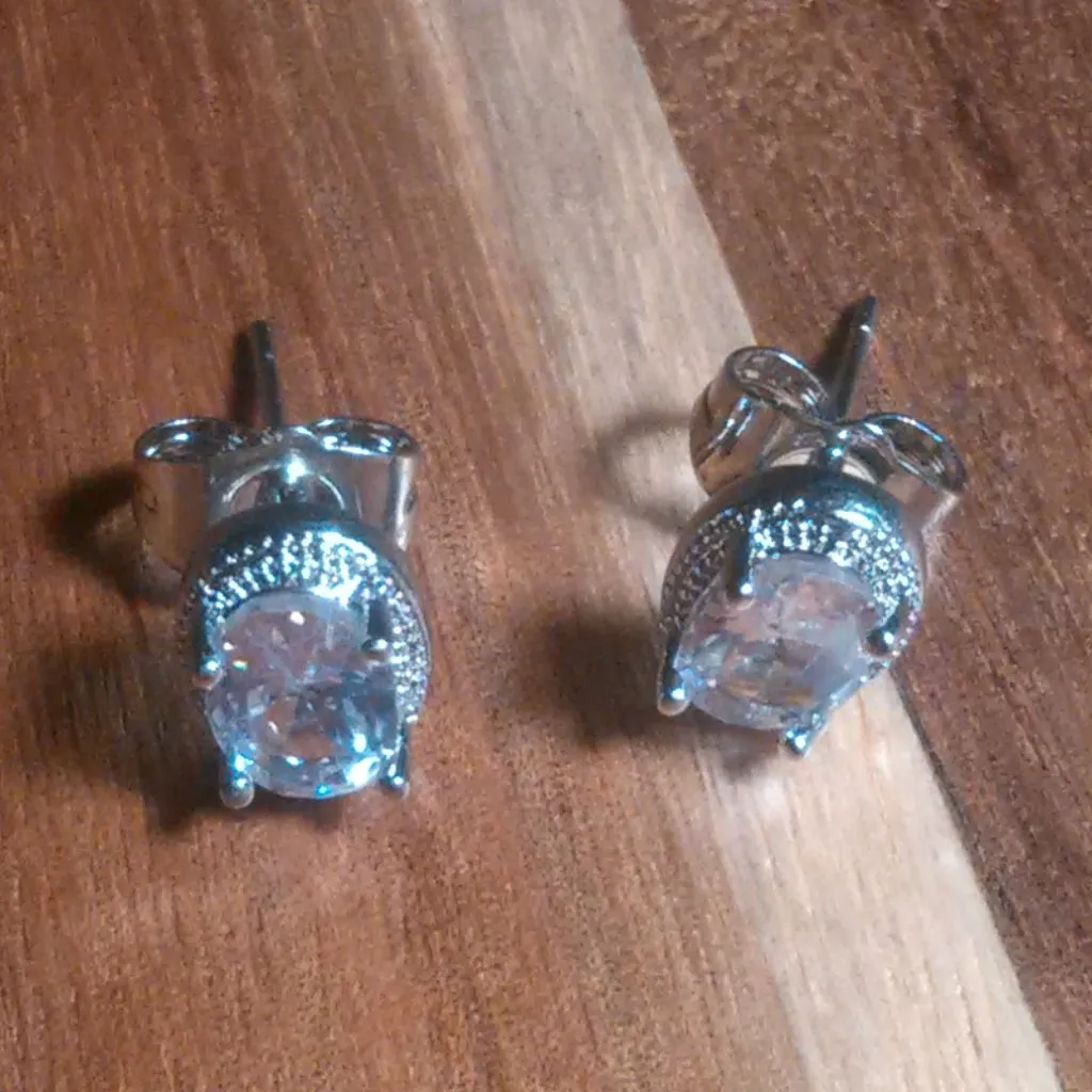 Simulated Blue and White Diamond Silvertone Brass Stud Earrings - Image 4