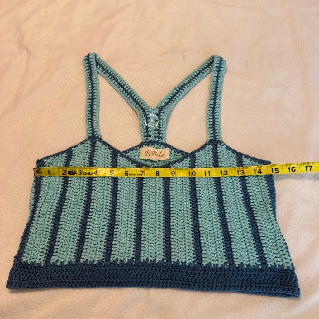 Listicle Crochet Boho Style Cropped Tank Size Small Racerback Blue Festival - Image 7