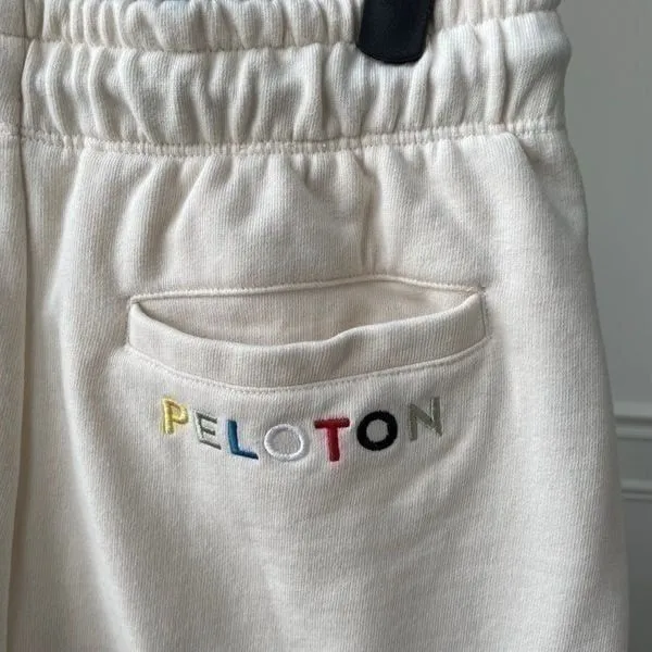 Peloton Cream Color Rainbow Embroidered Sweat Shorts Drawstring Elastic Waist M - Image 9
