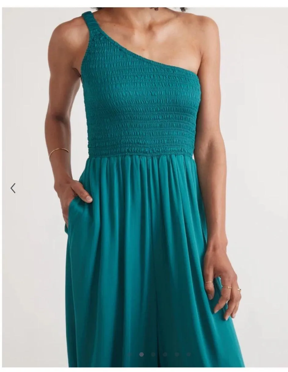 Marine Layer Archive Tessa Jumpsuit One Shoulder Smocked Wide Leg Teal large - Image 4