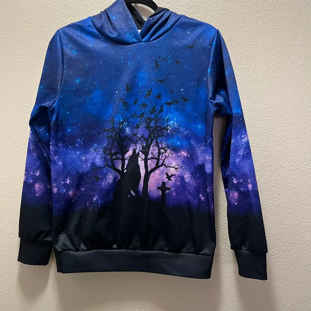 Halloween Spooky Nights Wolf Howling October Blue Hoodie Sweatshirt Sz Medium Purple - Image 2