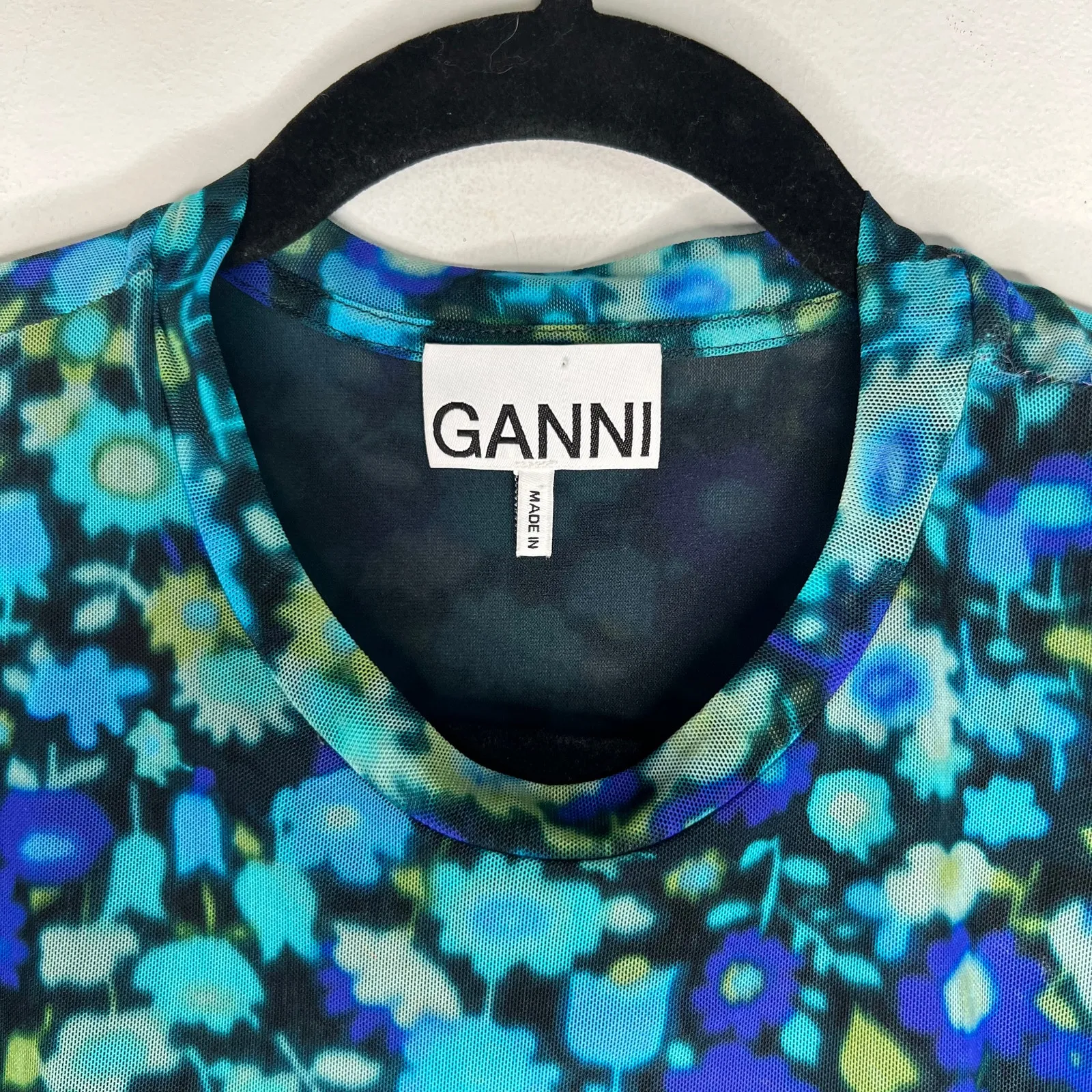 Ganni Azure Blue Floral Ruched Mesh Mini Dress Size Large/42 - Image 8