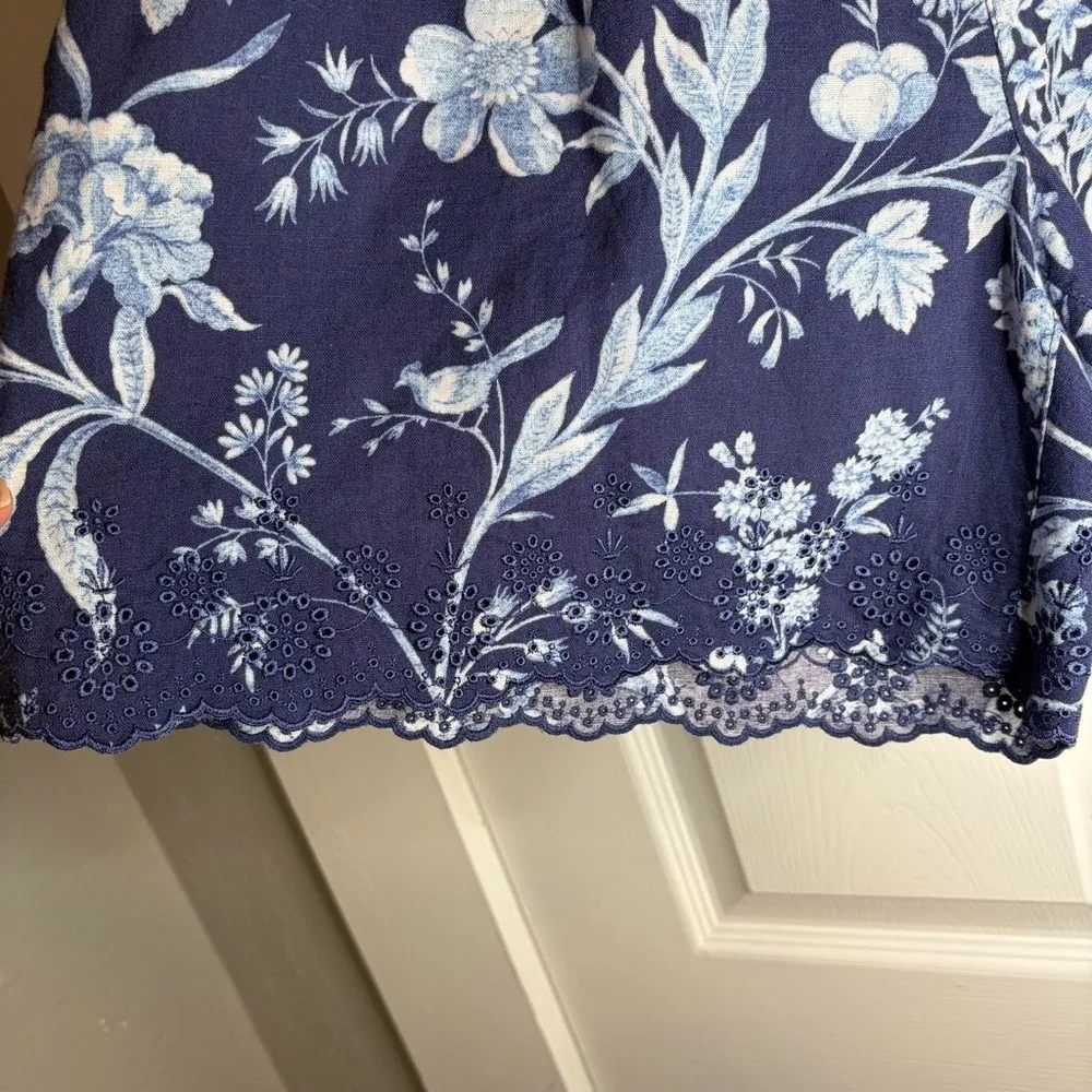 Laura Ashley Branch Toile Blue Cotton Navy Blue and White Floral Linen Shorts 8 - Image 4
