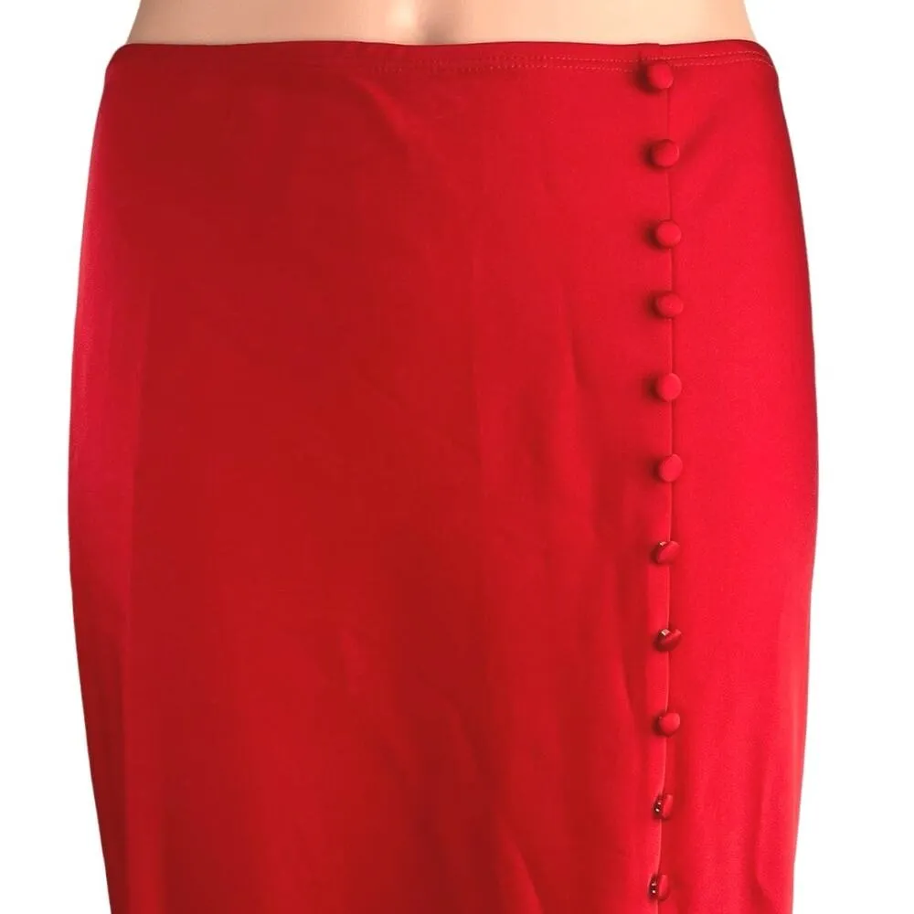 Elodie Red Silky Satin Side Button Calf Length Pencil Straight Slip Skirt Sz XS - Image 4