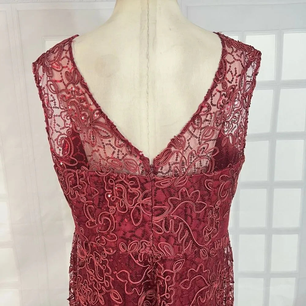 Slny sleeveless maroon red embroidered sequined lace gown size 16 - Image 8