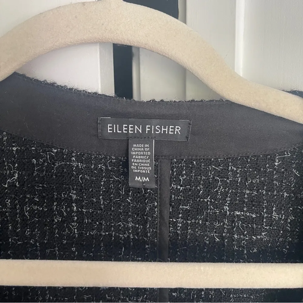 Eileen Fisher Virgin Wool textured tweed Pockets Open Cardigan jacket black - Image 2
