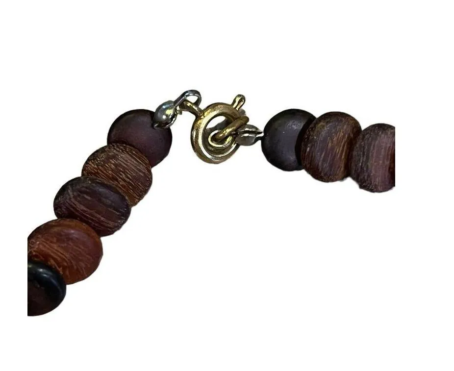 Vintage polished exotic wood necklace disc pendant spring clasp boho artisan 20" - Image 4