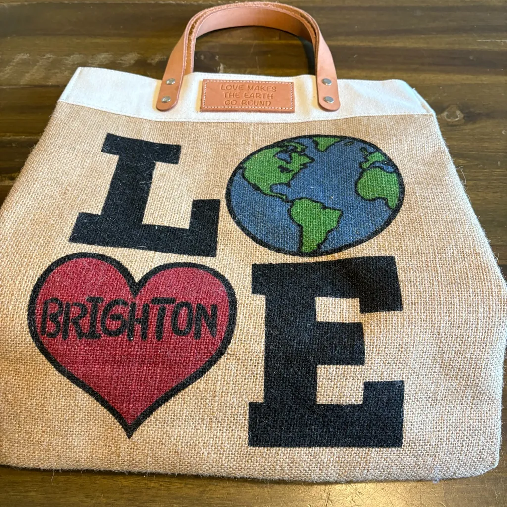Brighton LEATHER Love Makes The Earth Go Round Jute CanvasTote Shopping Bag Eco - Image 4