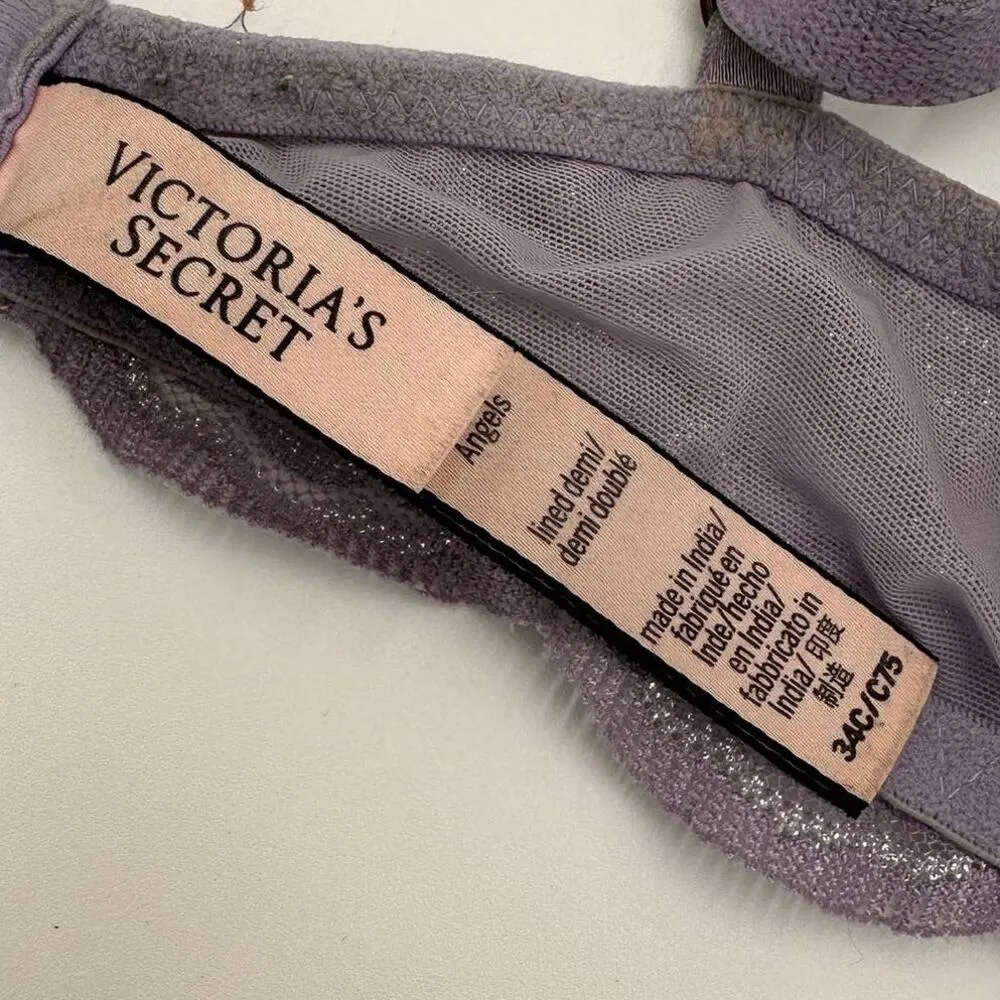Victoria’s Secret Dream Angels Lined Demi Purple Silver Lace Bra Size 34C - Image 5