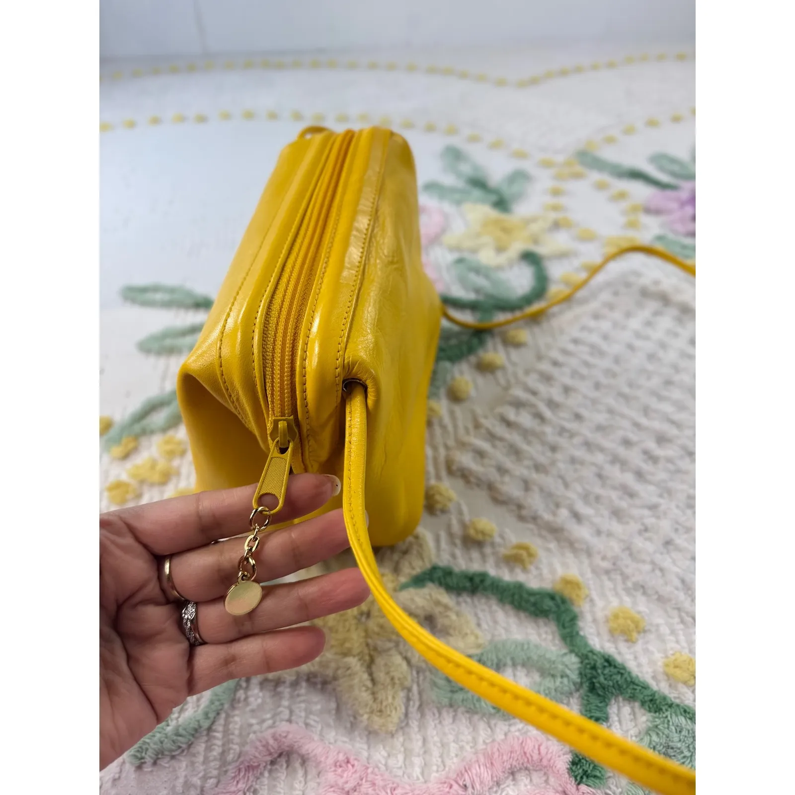 Genuine Leather Small Crossbody Purse Yellow Zip Around Bag - Image 3