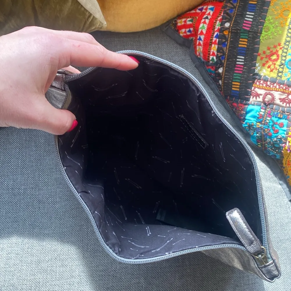 Free People Faux Leather Clutch Purse Metallic Silver Portfolio Pouch Tote Bag - Image 7