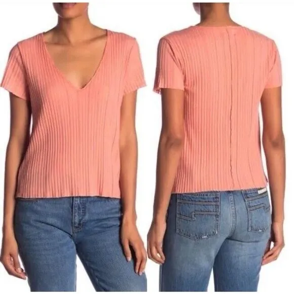 PST Rib V-Neck T-Shirt Womens Size S Cropped Lightweight Top Coral Pink - Image 2