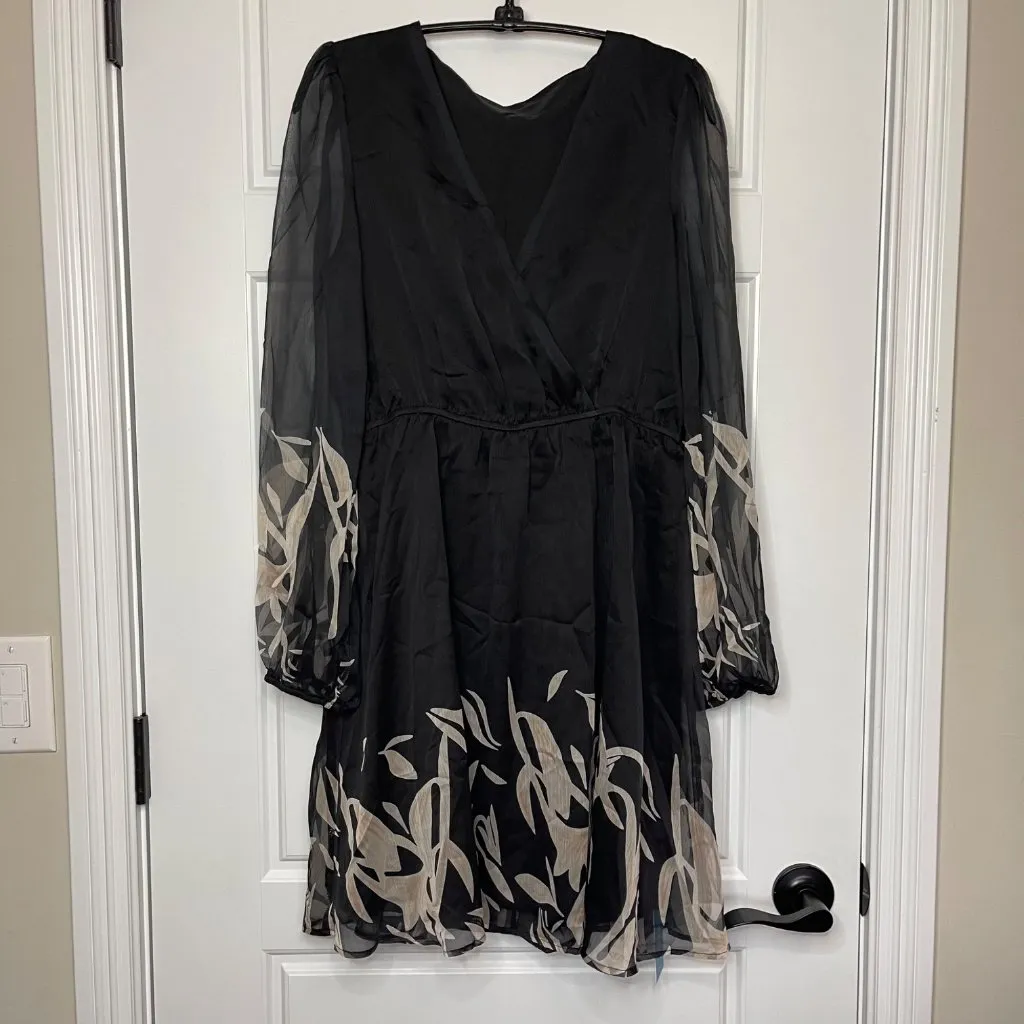 CUPSHE Floral Print Chiffon Mini Dress Women's Medium Long Sleeves Black‎ NEW - Image 4