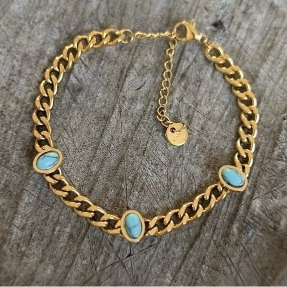 18K Gold Plated Turquoise Stone Cuban Bracelets stainless steel womens jewelry Blue - Image 3