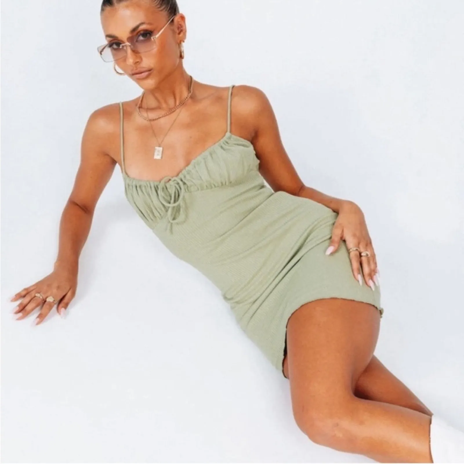 Princess Polly Slow Dancing Ribbed Babydoll Mini Dress Sage Green NEW US 2 - Image 7