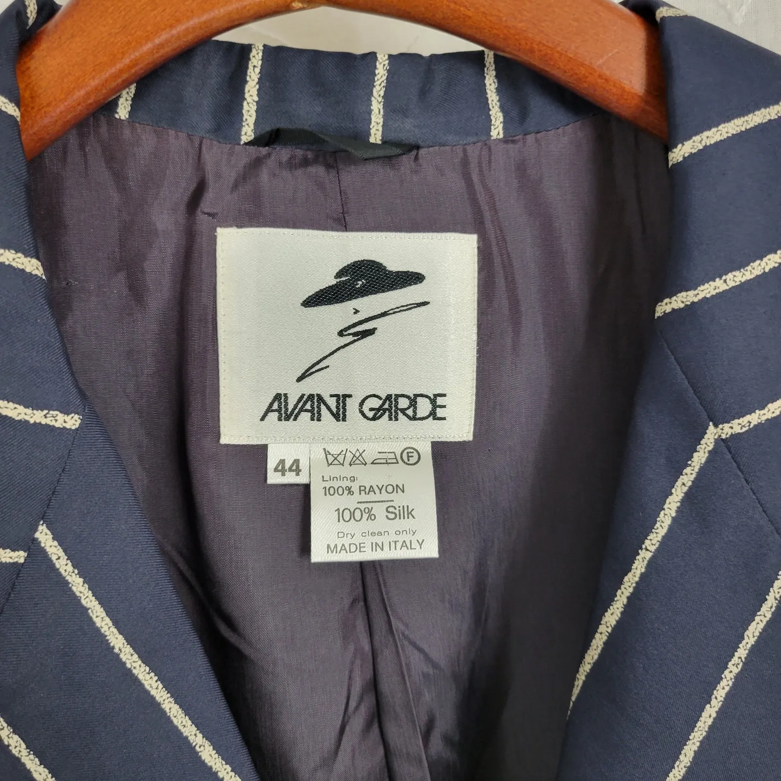 Vintage Avant‎ Garde Silk Jacket Womens 44 Navy Blue Pin Striped Italian Minimal Size undefined - Image 4