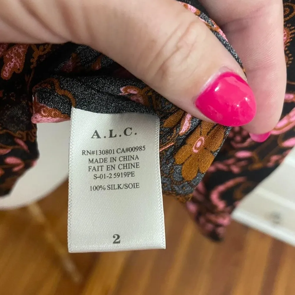A.L.C. Sacha Long-Sleeve Floral Silk top, Henna/Black/Pink - Image 4