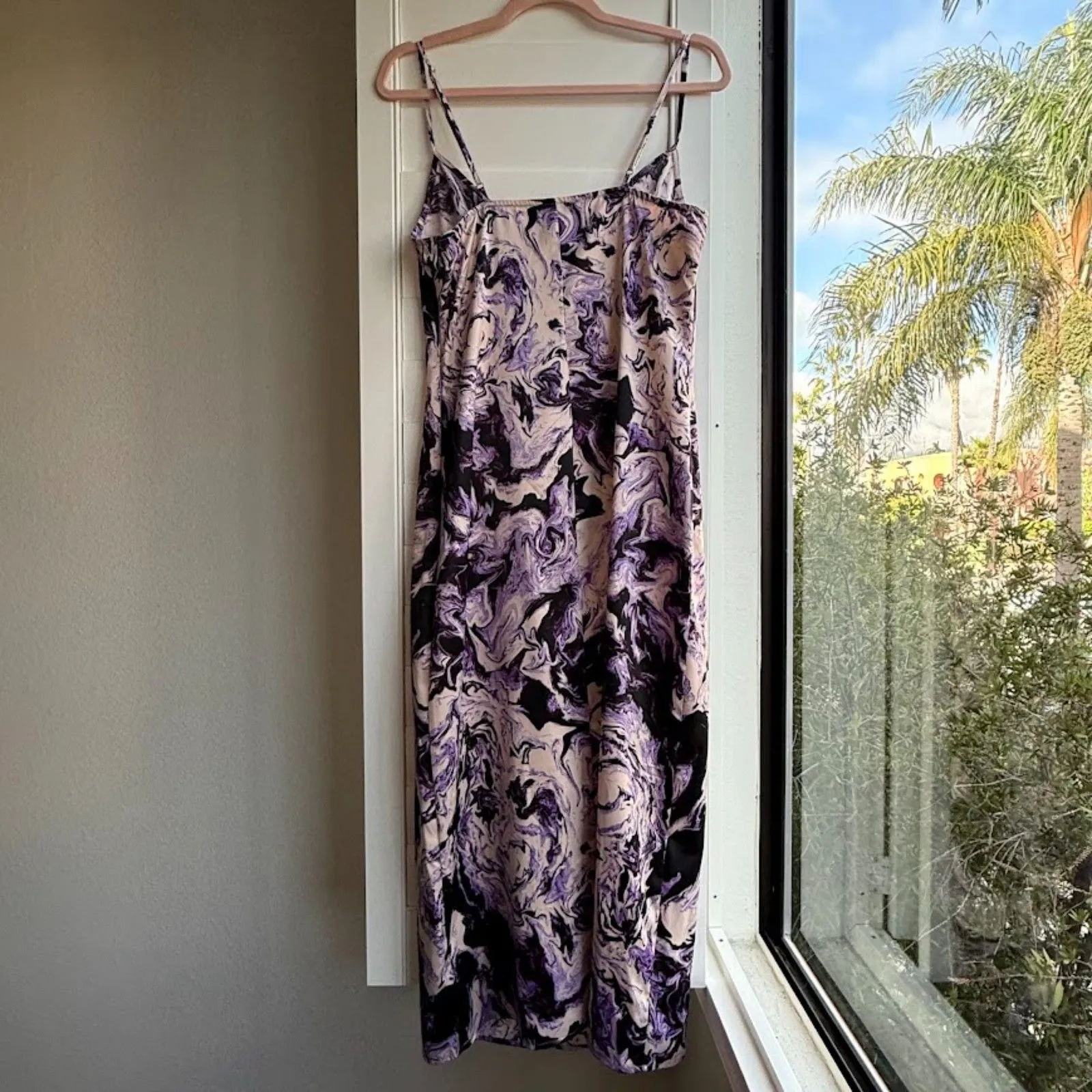 AFRM Satin Slip Midi Dress in Purple Marble Swirl size Medium - Image 7