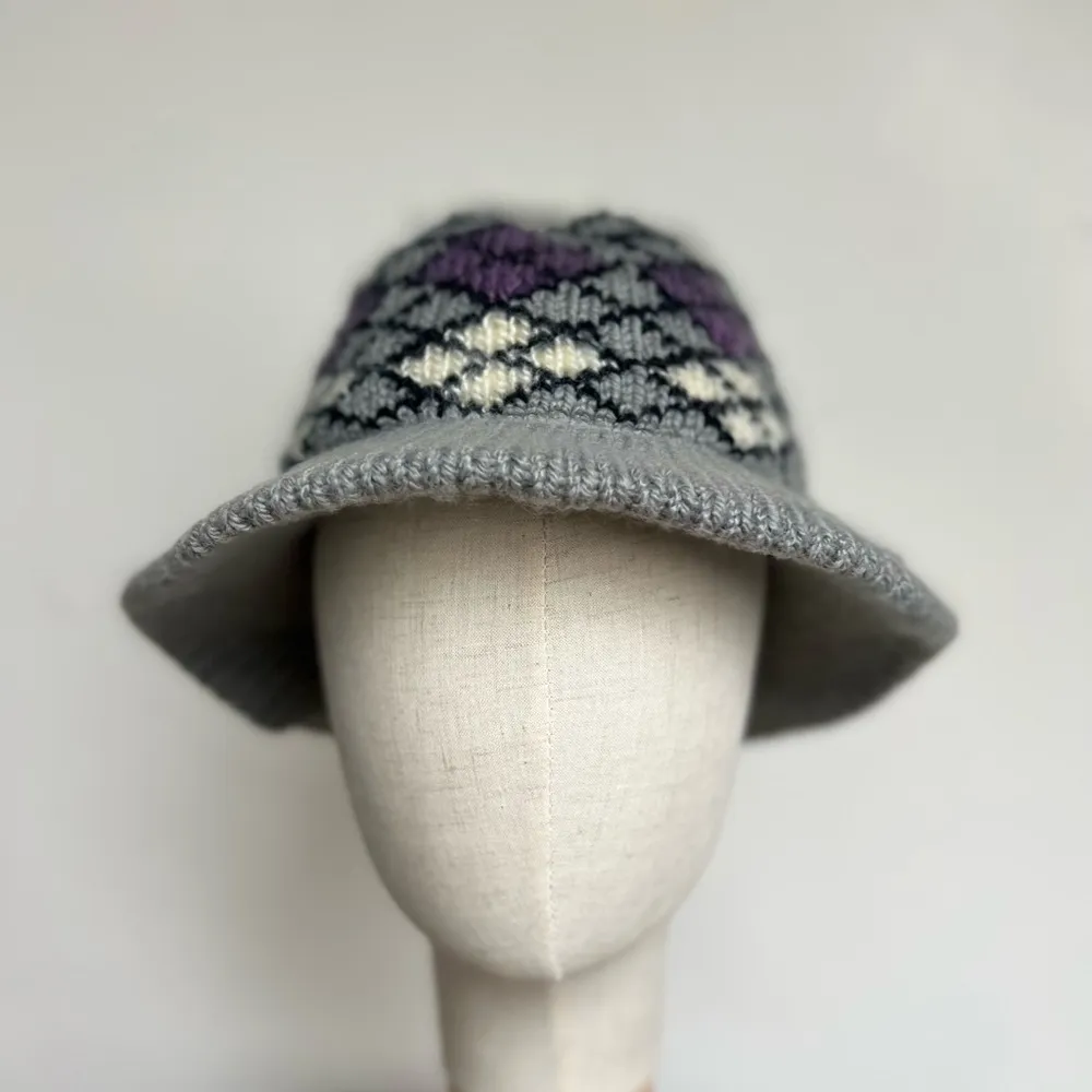 Vintage Argyle Knit Bucket Hat Gray - Image 3