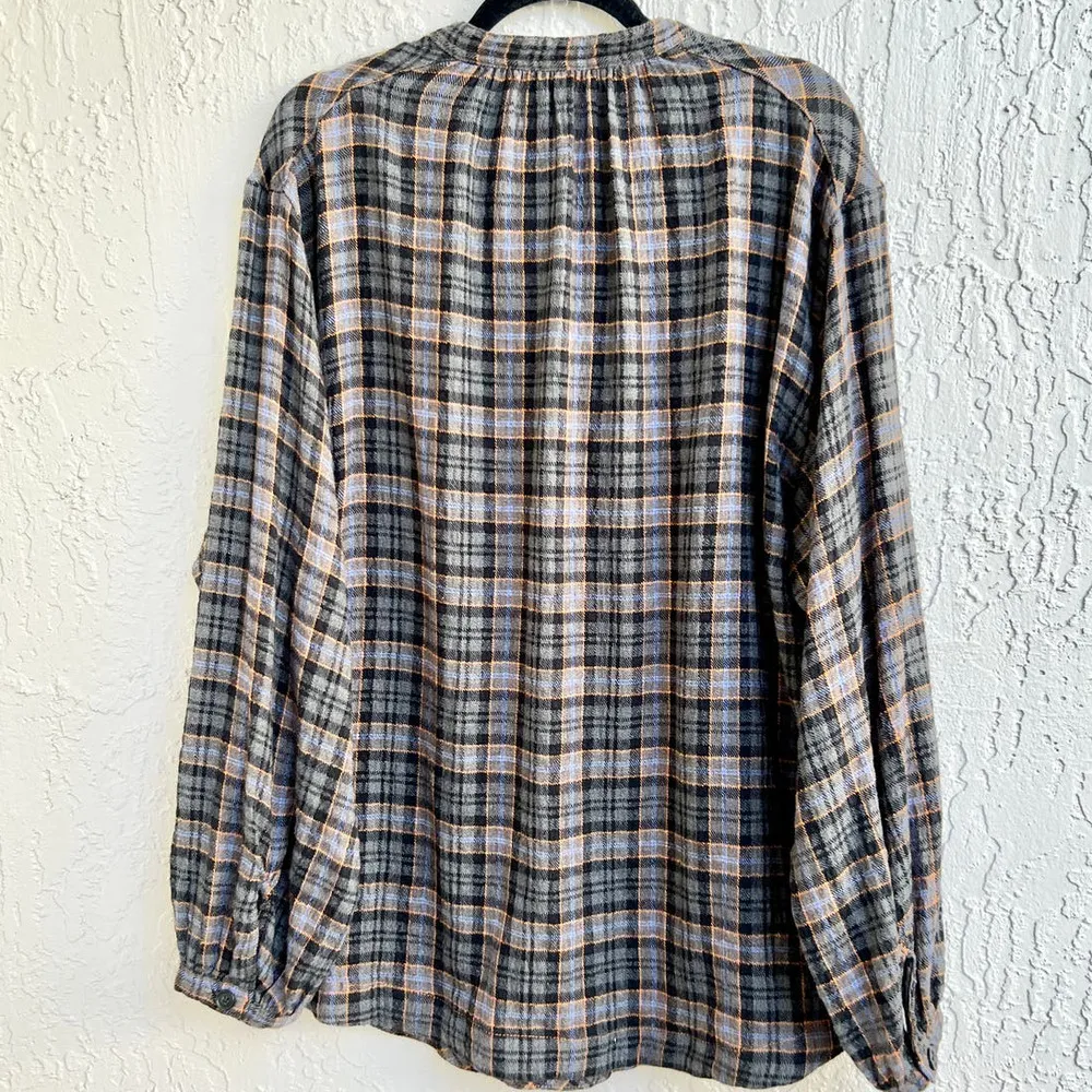 Free People Long Sleeve Checked Plaid Henley Top Shirt Multicolor Women's Large - Image 3