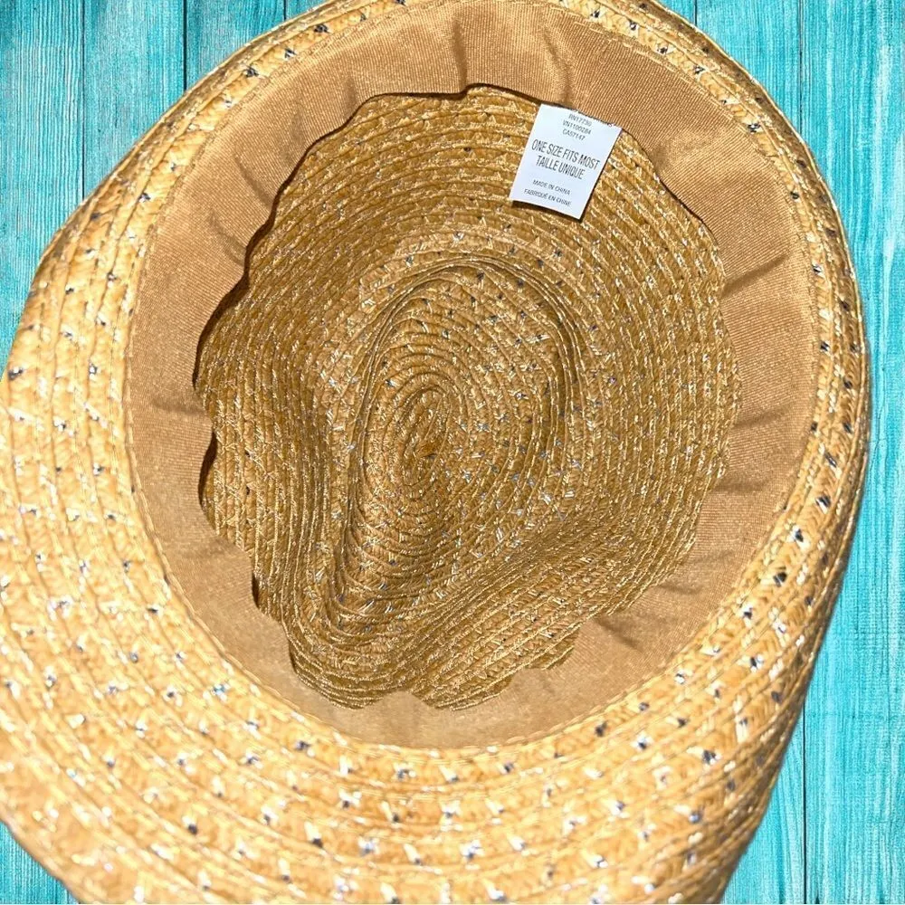 Cute straw fedora with turquoise beaded band! Tan - Image 8