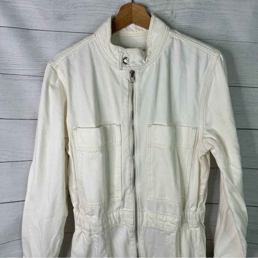 Mango size Large Long Sleeve Off White Utility Denim Jumpsuit Boilersuit - Image 6