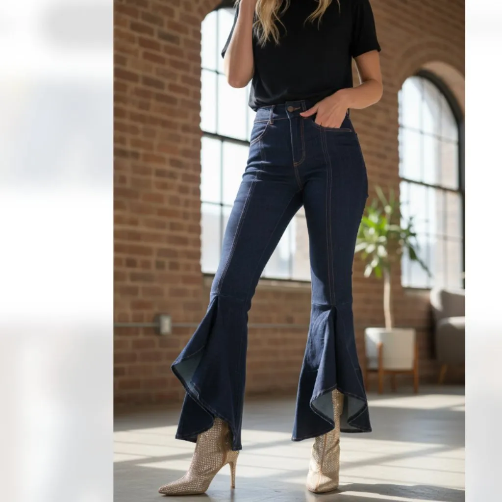 NWT Venus Ruffle Slit Hem Flared Jeans Dark Wash - Image 2