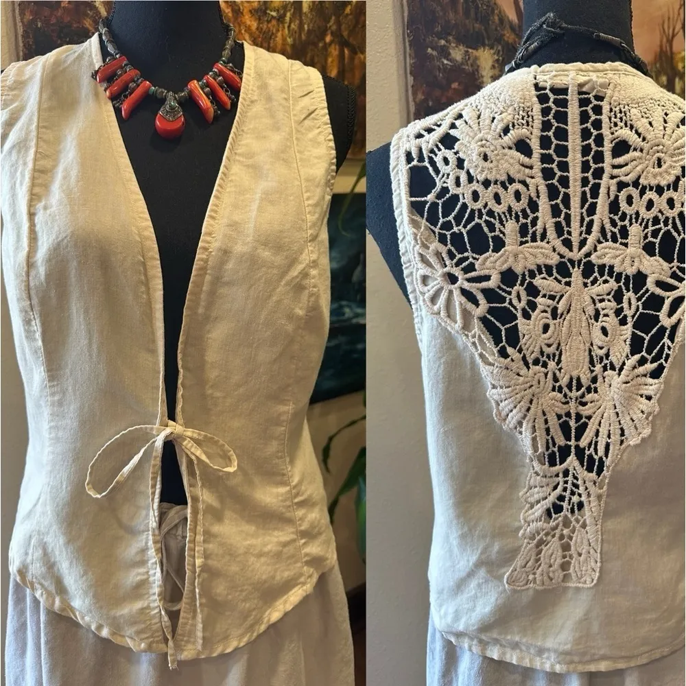 EUC VINTAGE ALLISON BRITTNEY vest with back crochet beige bho style Sz S - Image 2