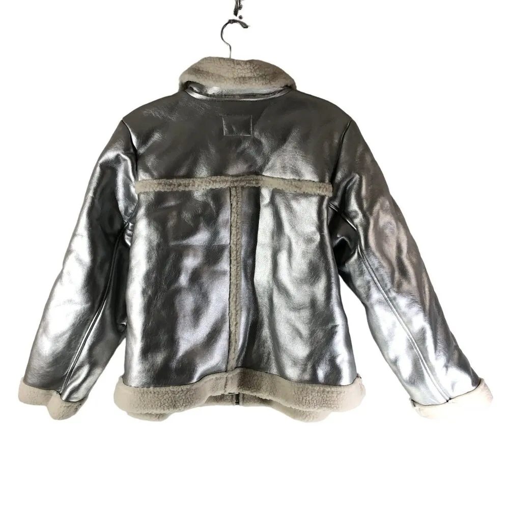 A New Day Metallic Faux Leather Silver Faux Fur Sherpa Lined Jacket Size XS - Image 4