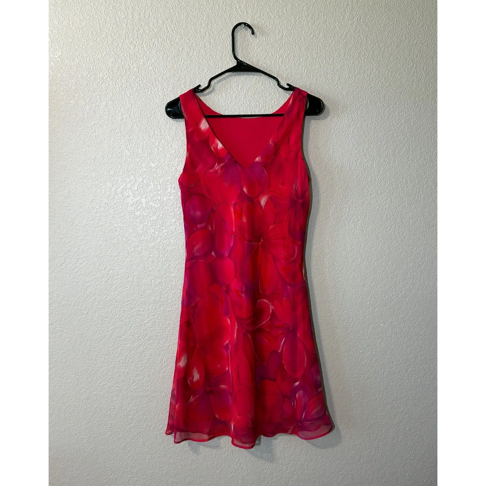 Alyn Paige Red Floral Dress Size 9/10 Made in USA 90s Fit & Flare Sheer - Image 4