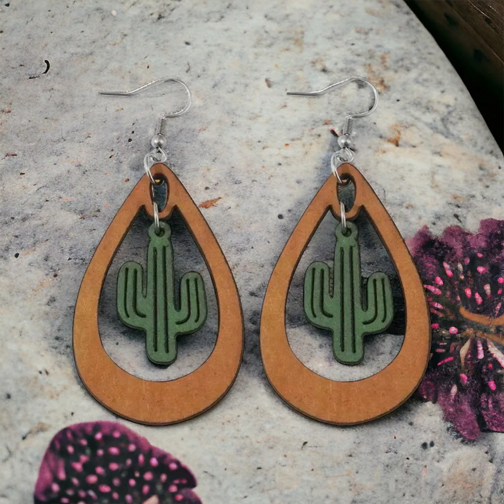 Western ethnic style cactus hollow water drop dangle wooden‎ earrings Tan - Image 4