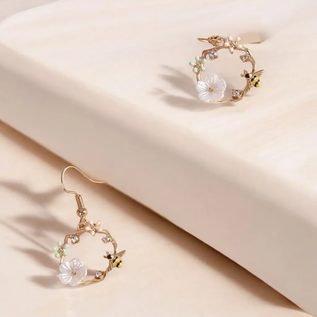 Delicate Floral‎ Circle Golden Plated Earrings with Bee & White Flower Design Gold - Image 4