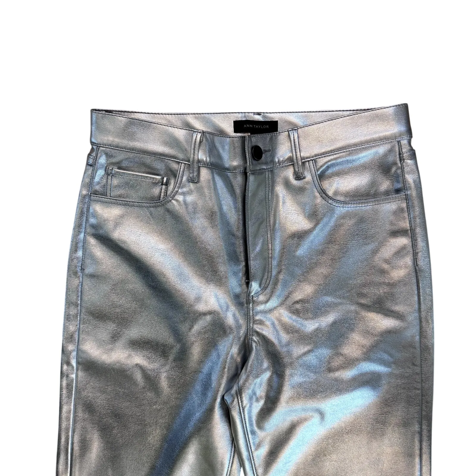 NWT Ann Taylor The Ankle Boot Pant in Metallic Faux Leather Silver 8P - Image 3