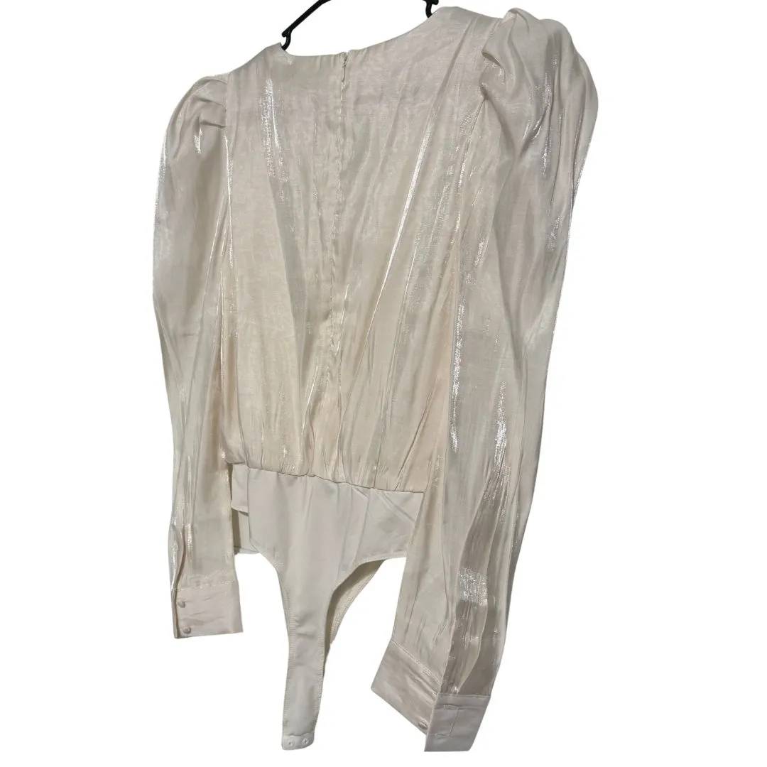 TCEC Round Neck Puff Sleeve Body Suit Long Sleeve Metallic Cream NWOT Large - Image 5