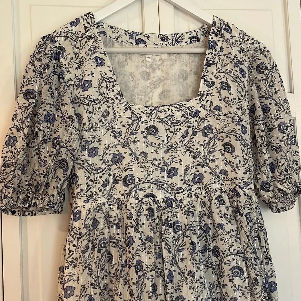 Garrie B blue floral square neck puff sleeve midi dress size M White Size M - Image 4