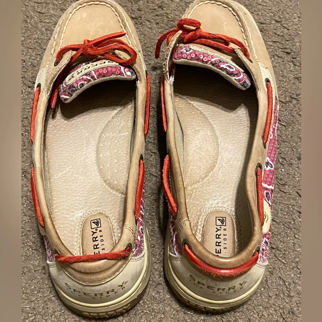Sperry‎ Top-Sider Angelfish Boat Shoes Beige Pink Red Sequins Womens Size 9.5 - Image 2