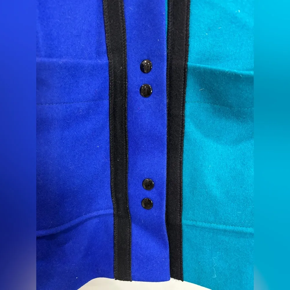 VTG 80s INTERNATIONAL SCENE Sz 7/8 Color Block 100% Wool Coat MADE IN YUGOSLAVIA Blue - Image 3