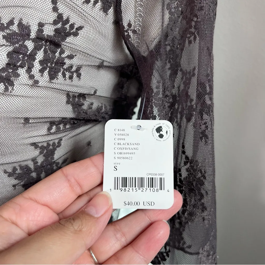 Free People Intimately Dark Gray Floral Lace Short‎ Sleeve Top Womens Small - Image 4