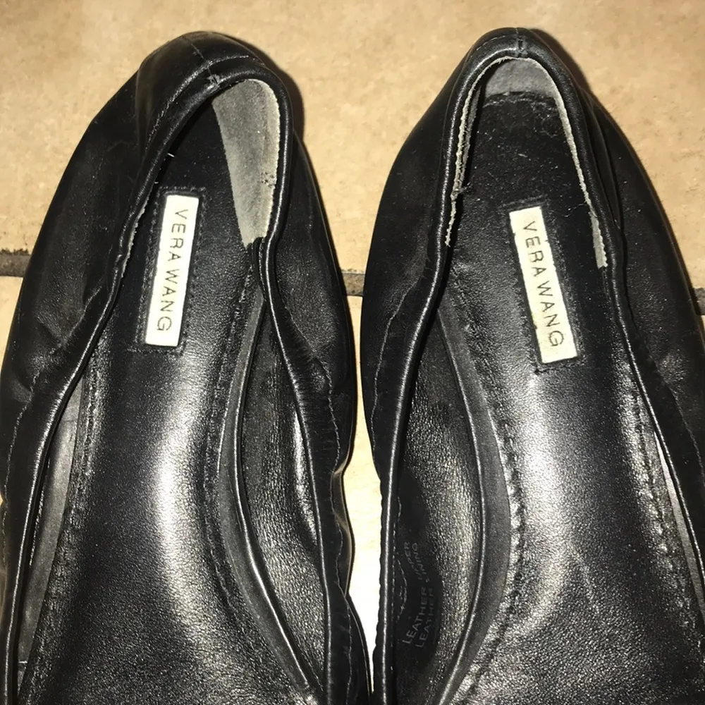 Vera Wang Black Leather Peep Toe Jeweled Flats - Image 2