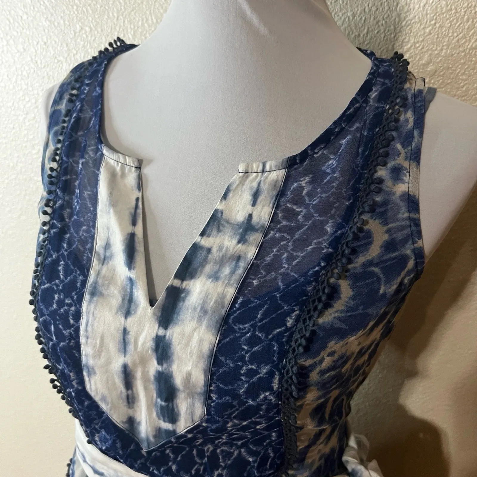 Meadow Rue | Anthropologie Blue White Tie Dye Dress Size 2 Belt Flowy lined - Image 4