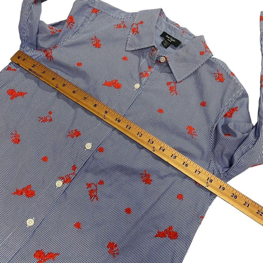 Lord & Taylor Women’s Medium Petite Blue Striped Button Down Embroidered Flowers - Image 9