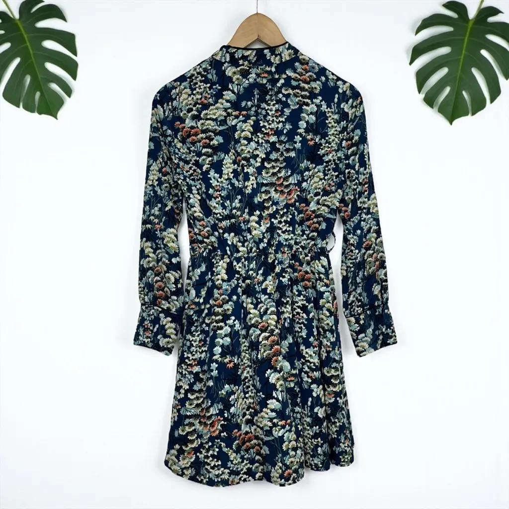 Zara Long Sleeve Piped Trim Stand Collar Mini Dress in Blue Floral Print - Image 6