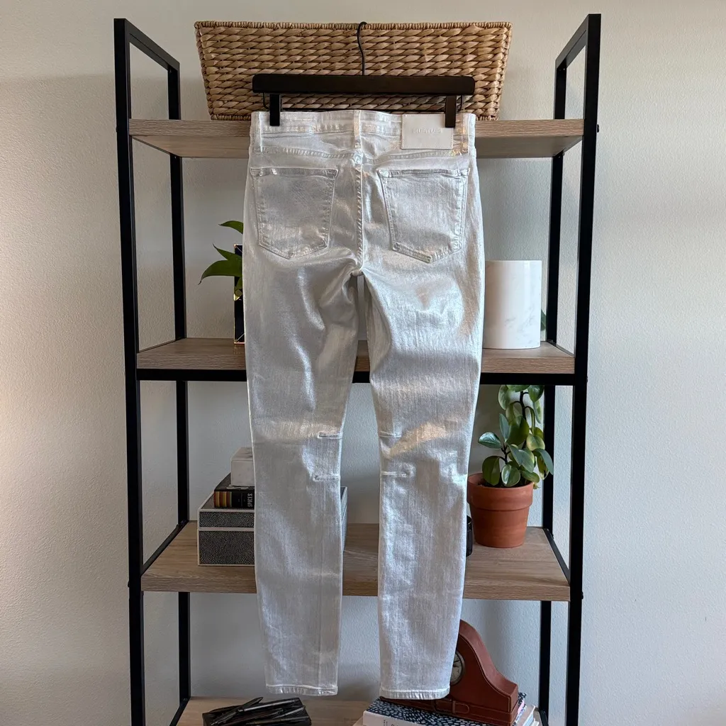 Helmut Lang Mid-Rise Metallic Glossy Coated Silver Emulsion Foil Jeans, 27 - Image 4