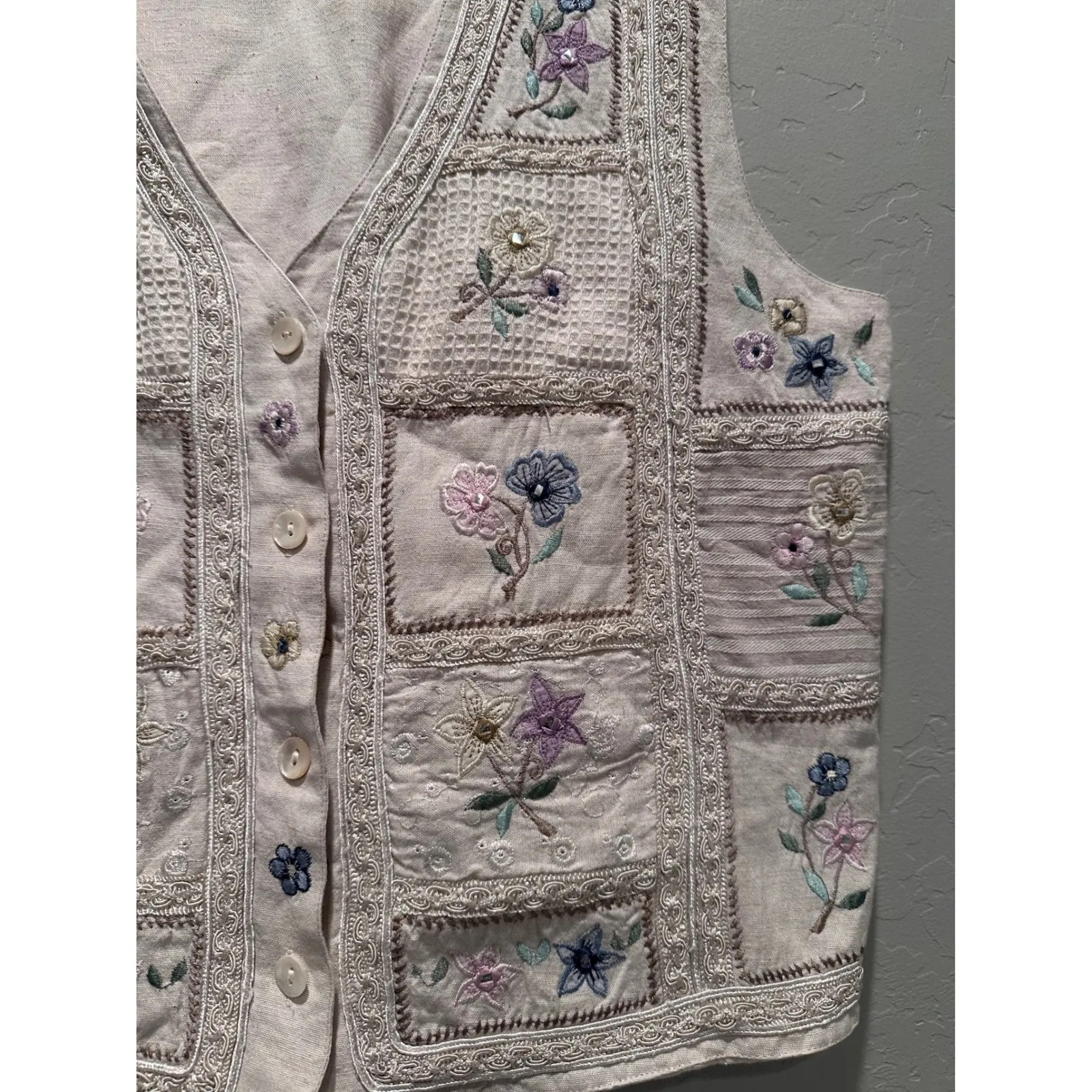 Vintage Keren Hart Beige Floral Embroidered Linen Cotton Cottagecore Vest Large - Image 4