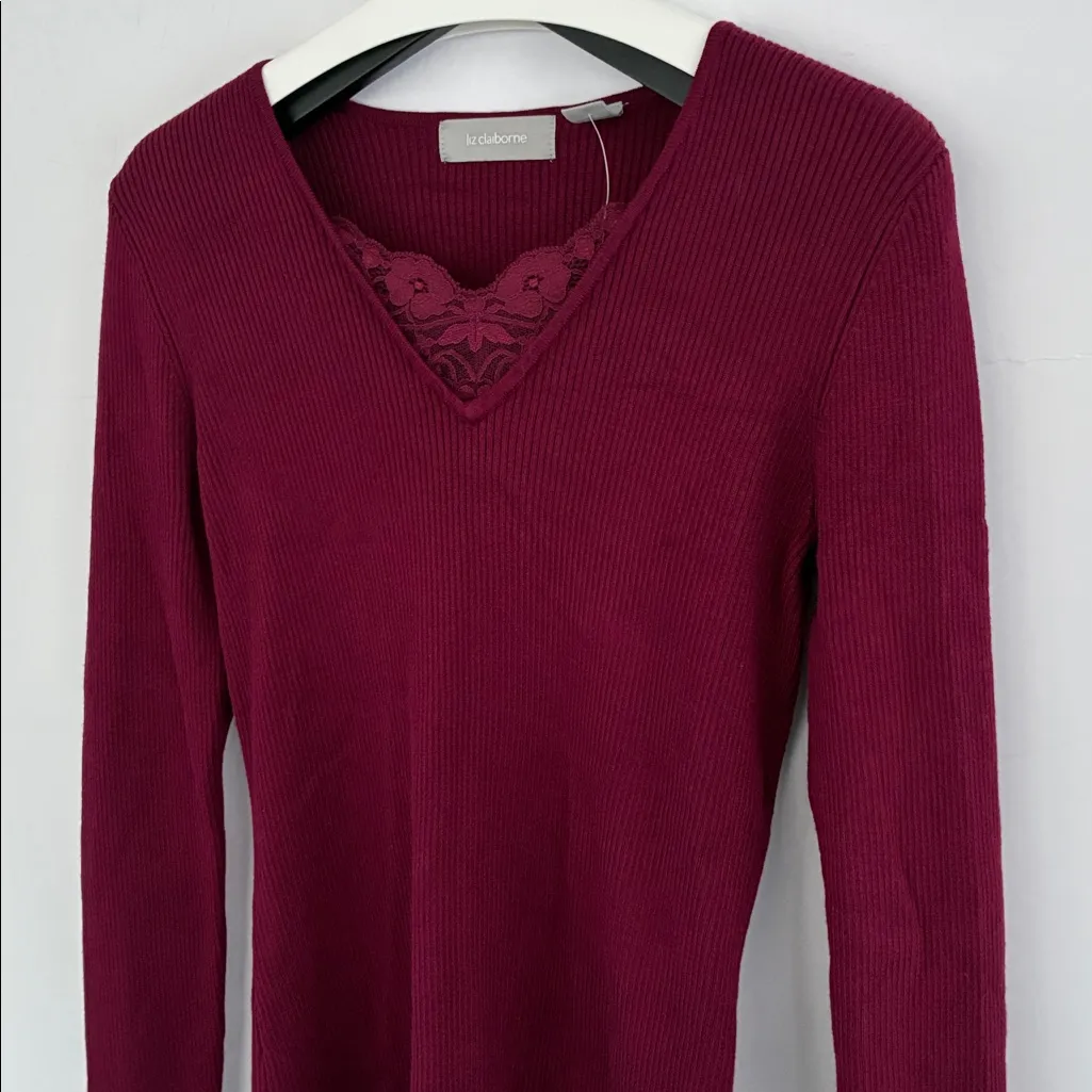 Liz Claiborne Women’s Burgundy Red Knit Top Lace Accents Medium - Image 13